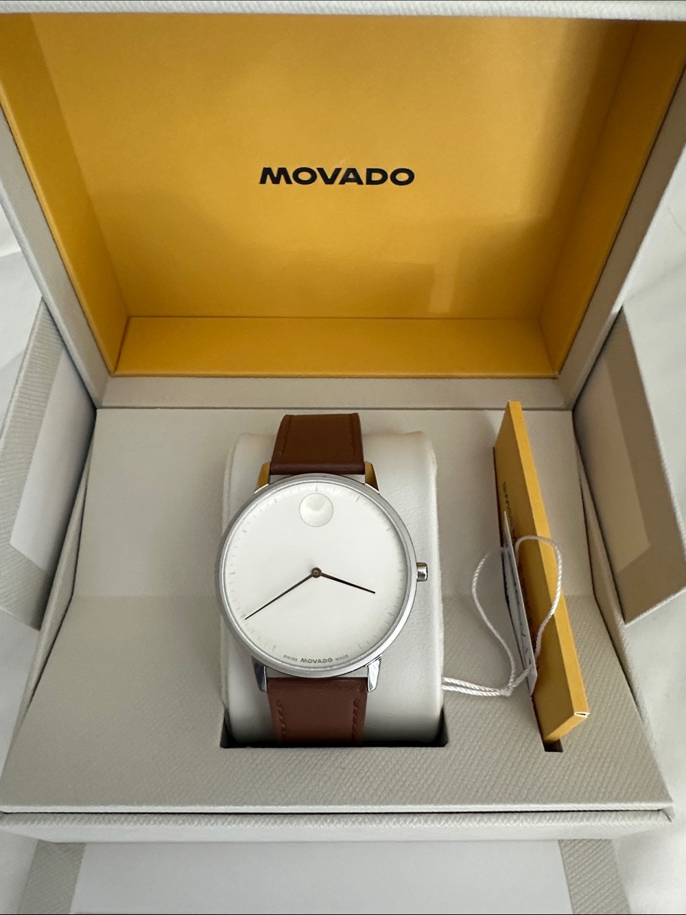 Movado Silver Case White Dial Brown Leather Strap Watch